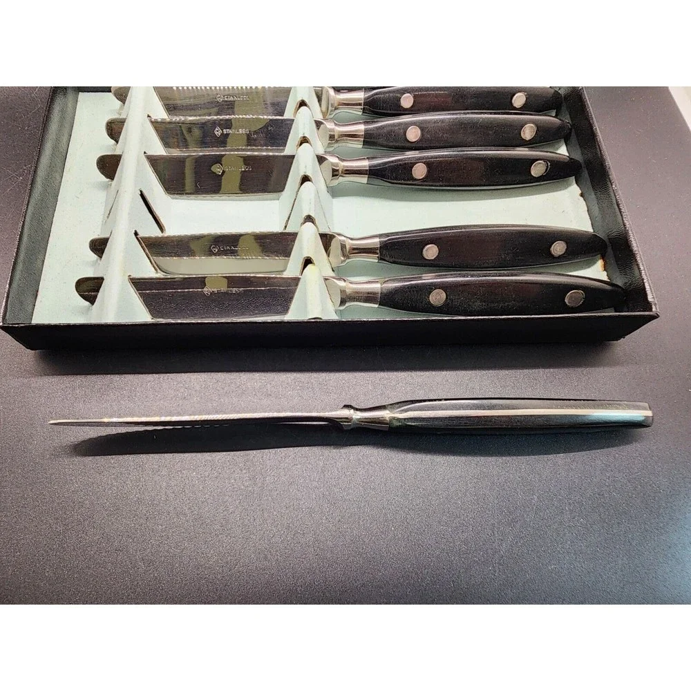 6-Pc MCM CI Stainless Japan Black Composite Handle Dinner Knife Set NOS IN BOX